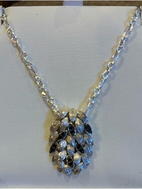 925 Italy Sterling Silver Necklace Leaf Cluster Pendant w/Blk Marquis Stones STS